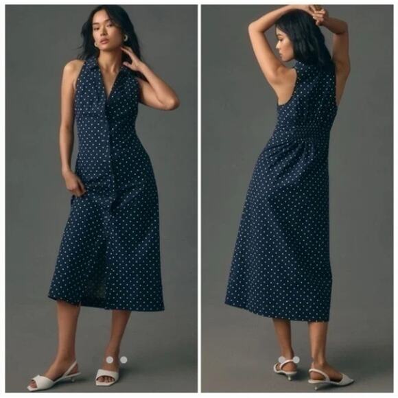 ANTHROPOLOGIE x MAEVE Halter Slim Midi Dress Navy Blue Polka Dot Sz S {Y29} - Picture 1 of 4